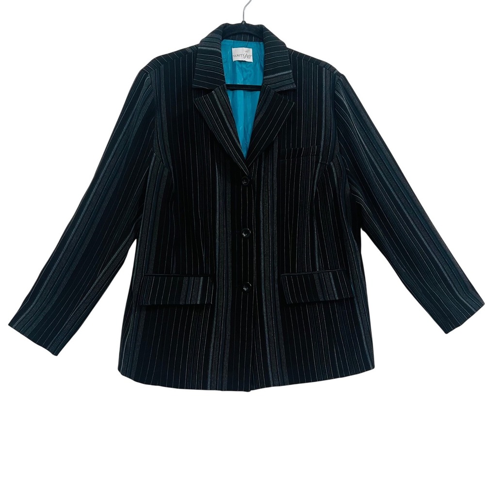Vanity Fair Plus Mens Black Pinstripe Blazer‎ Teal Lining 3-Button Jacket XL